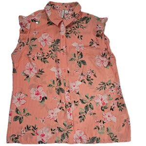 ELLE Shirt Womens Large Pink Floral Sleeveless‎ Button Up Collared Blouse Top
